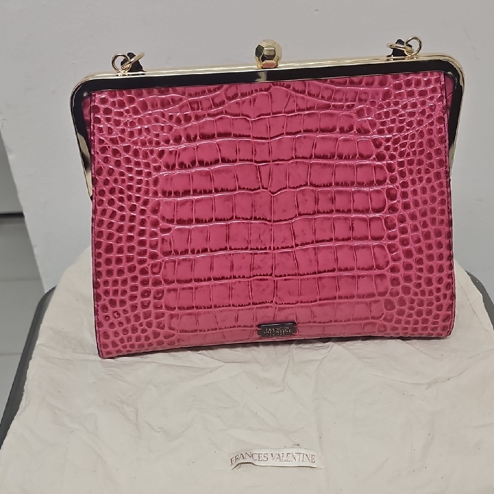 Frances Valentine Hot Pink Croc-Embossed Frame Clutch with Gold Trim